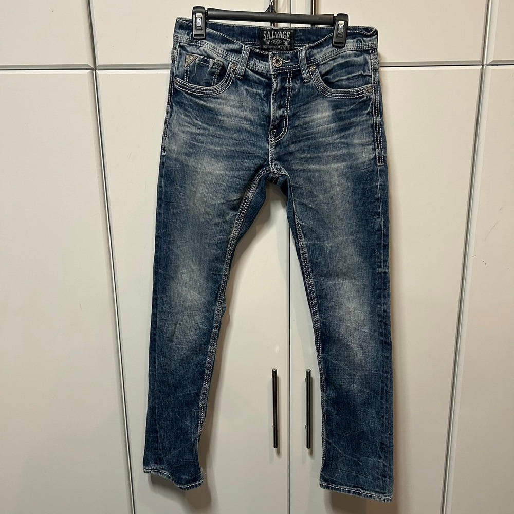 Salvage Havoc Straight Slim Fit Distressed Blue Denim Jeans MS439MAY Size 28x29